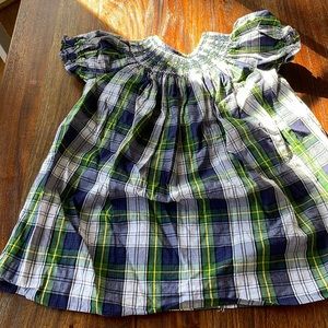 Navy, yellow, white and green checked smocked dress, 100% cotton, Size 24 months